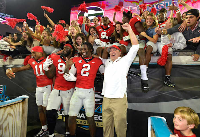 Georgia Bulldogs head coach Kirby Smart celebrates with his players and fans after their victory over Florida. The annual Georgia vs Florida football rivalry was held at TIAA Bank Field in Jacksonville, FL Saturday, October 29, 2022. The Bulldogs went in at halftime with a 28 to 3 lead over the Gators and won with a final score of 42 to 20. (Bob Self/Florida Times-Union / USA TODAY NETWORK).